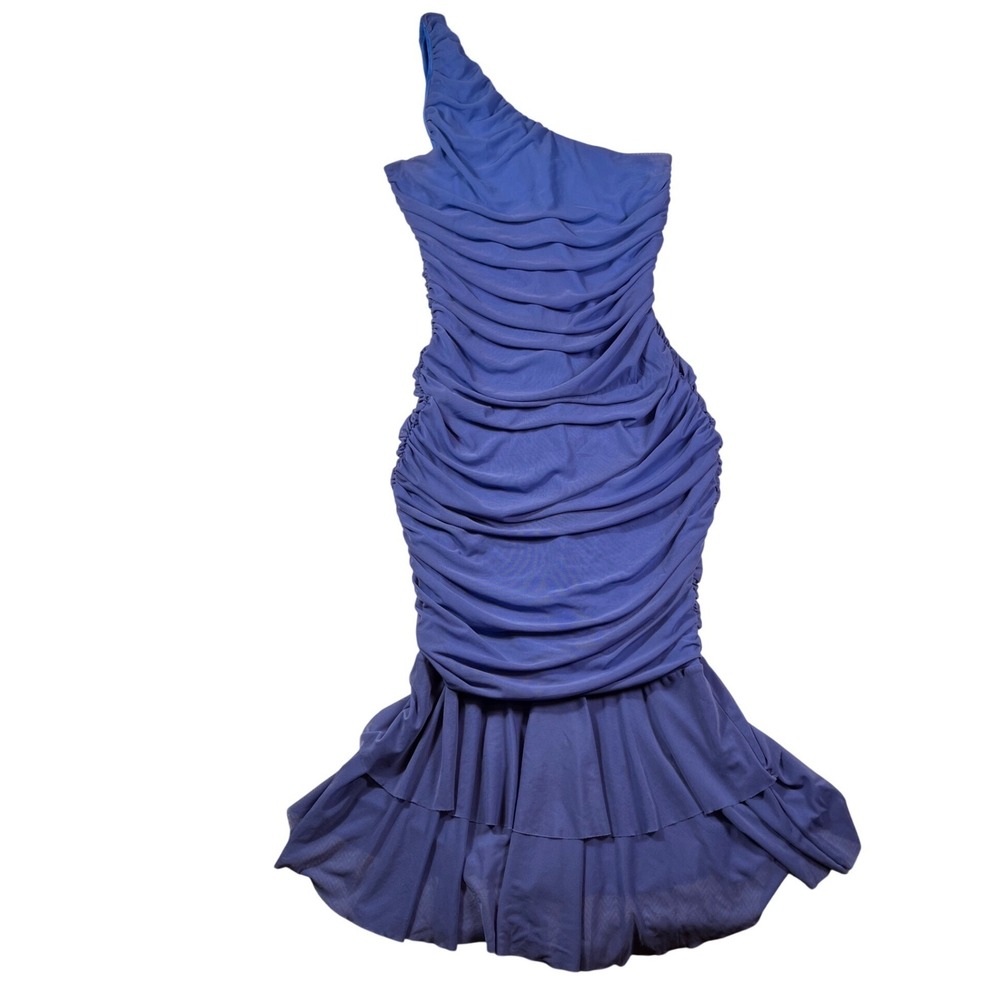 ZESICA Blue One Shoulder Ruched Mesh‎ Midi Dress Bodycon Cocktail L - Picture 2 of 15
